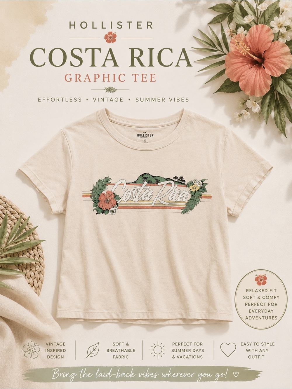 Hollister Cream Costa Rica Crop Graphic Tee